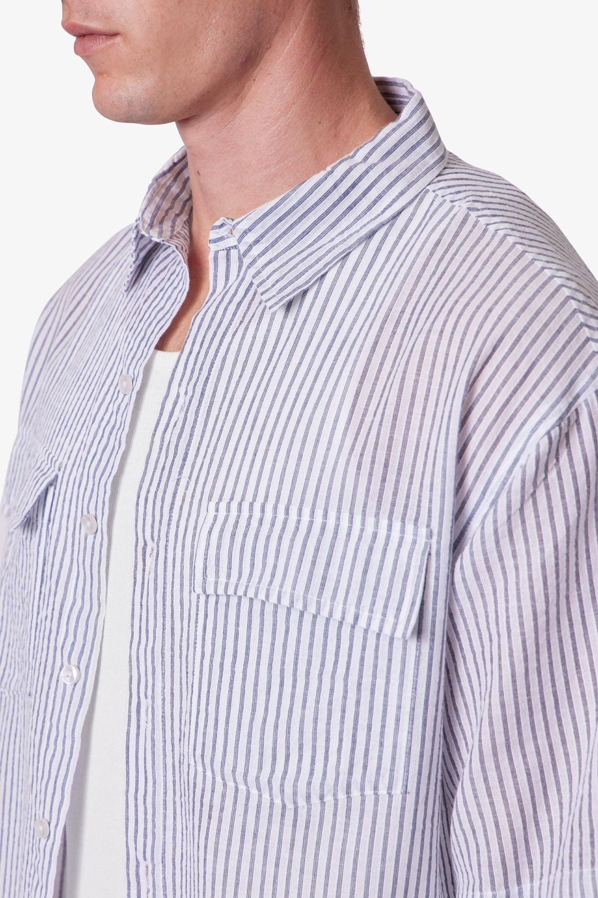 Cropped Boxy Striped S/S Shirt - Blue Product Image