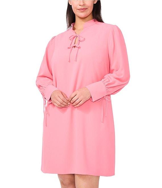 CeCe Plus Size Crepe V-Neck Cuffed Long Cuffed Sleeves Tie Shift Dress Product Image