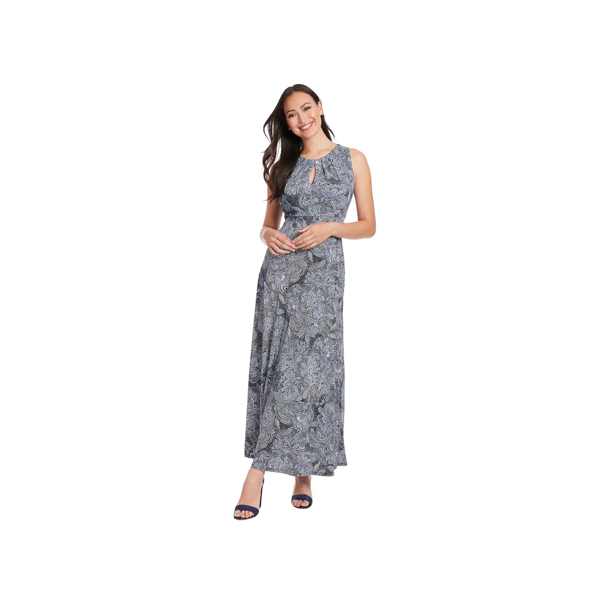 Women's London Times Falling Leaves Print Keyhole Neck Pleated Maxi Dress, Size: 10, Navy Blue Product Image