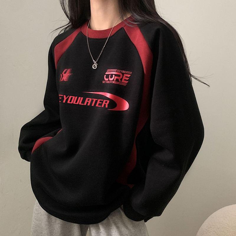 Crew Neck Lettering Print Raglan Fleece-Lined Sweatshirt Product Image