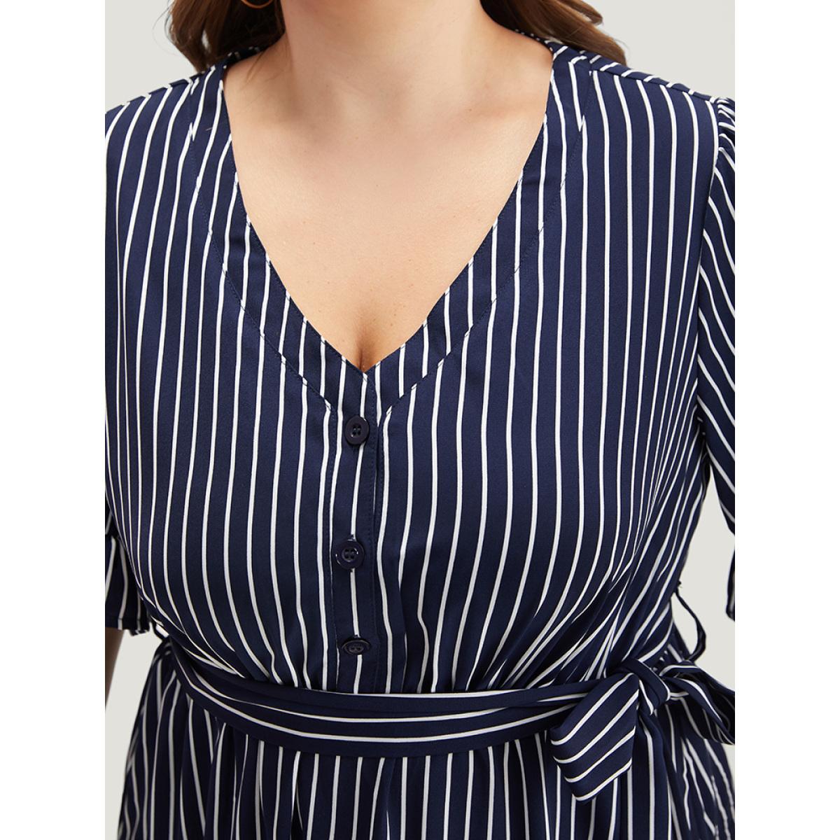 Plus Size Striped Belted Button Detail Flutter Sleeve Dress DarkBlue Women Casual Belted V-neck Short sleeve Curvy Midi Dress BloomChic 22-24/3X Product Image
