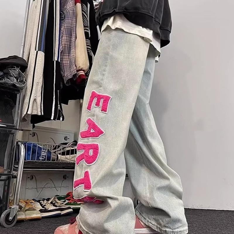 Trendy Brand Flocked Letters Oldschool Straight Jeans Product Image