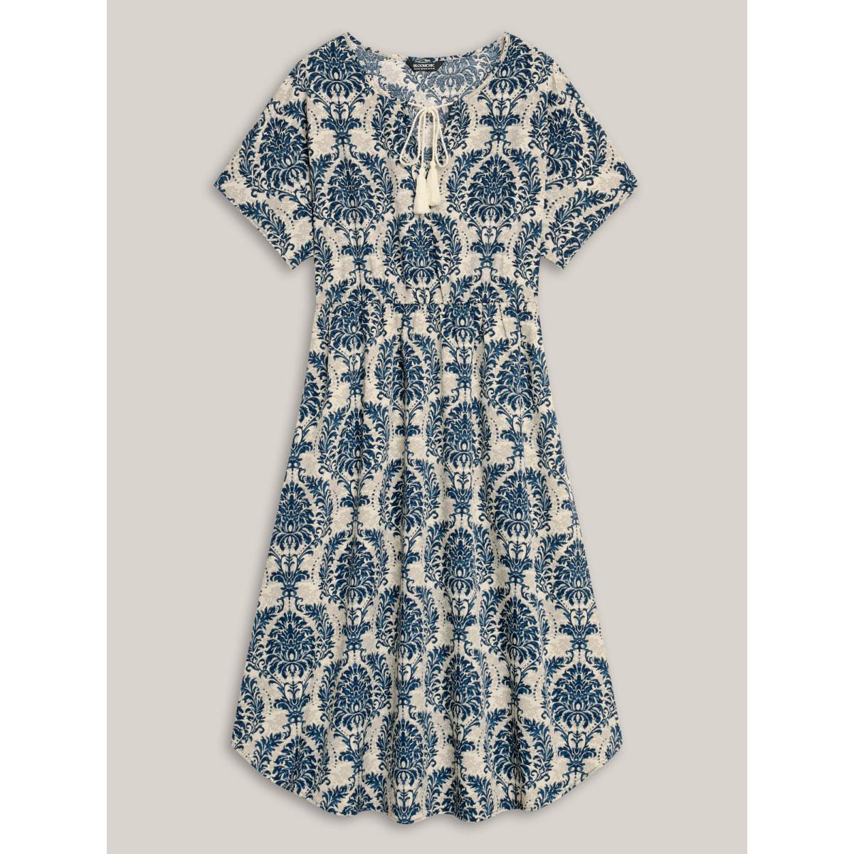 Plus Size Ornate Print Curvy Hem Tied Maxi Dress Navy Women Resort Tie knot V-neck Short sleeve Curvy BloomChic 28/5X Product Image