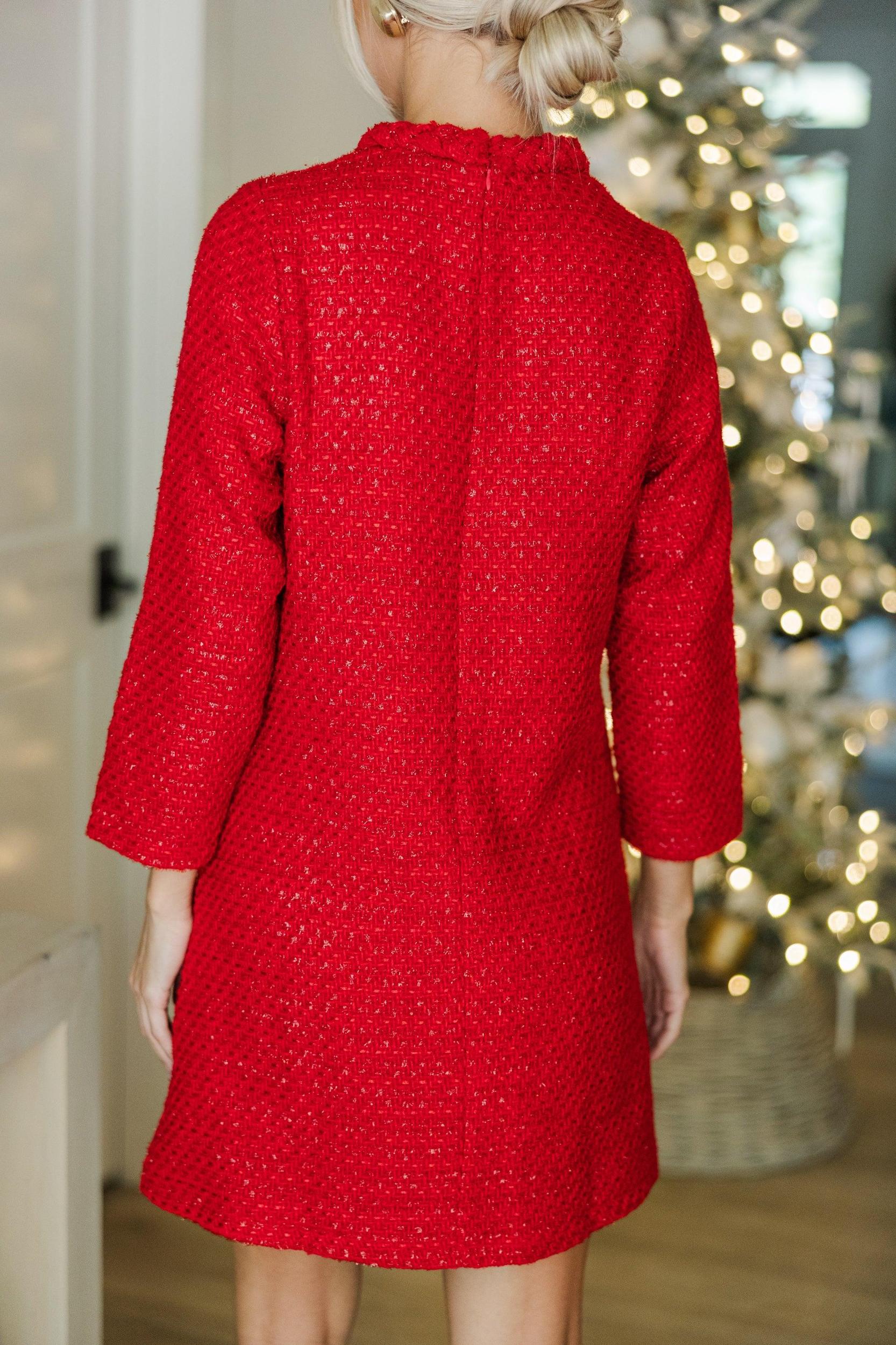 Ask You Out Red Tweed 3/4 Sleeve Dress Female Product Image
