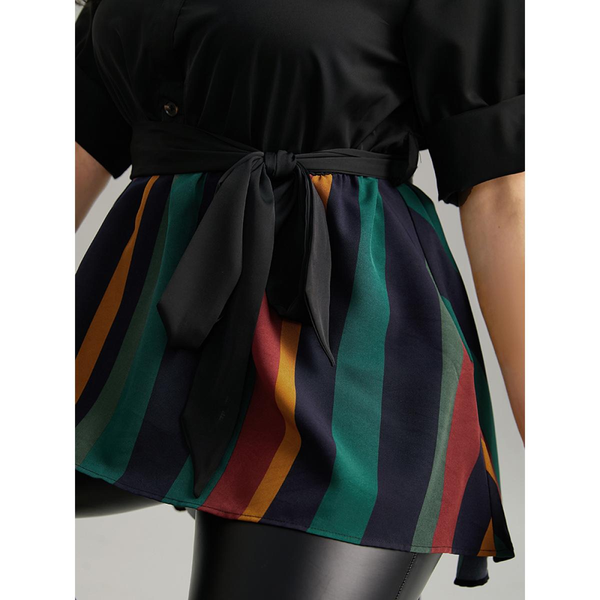Plus Size Black Colour Striped Patchwork Belted Tab Sleeve Blouse Women Office Elbow-length sleeve Shirt collar Office Blouses BloomChic 22-24/3X Product Image