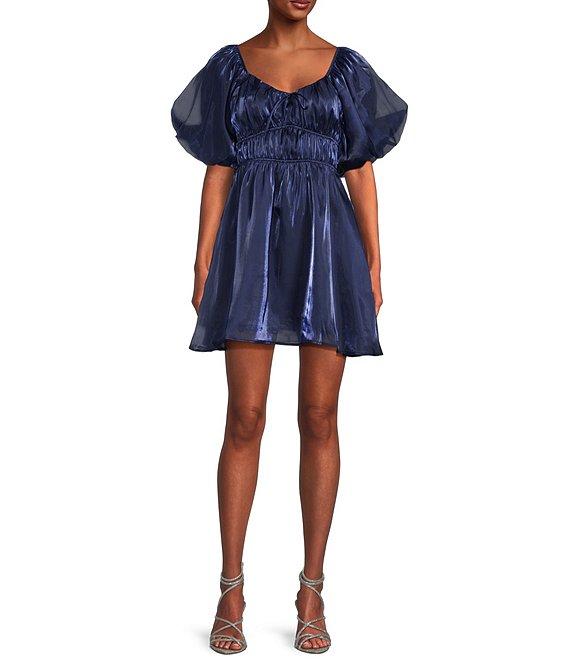 Allison & Kelly Short Puff Sleeve Tie Front Fit & Flare Dress Product Image