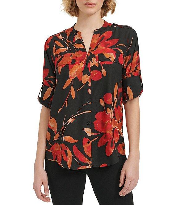 Calvin Klein Printed Split V Neckline Roll Tab Sleeve Top Product Image