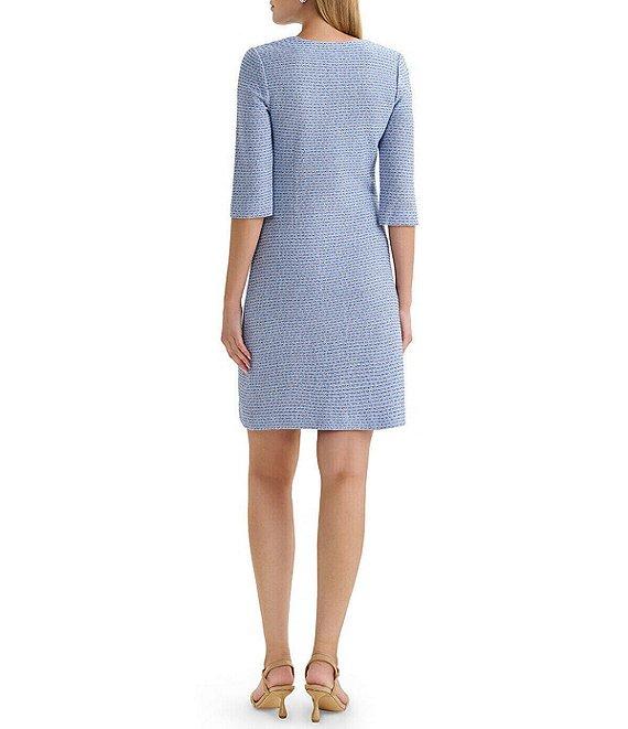 MISOOK Tri-Color Tweed Knit Crew Neck Elbow Sleeve Sheath Dress Product Image