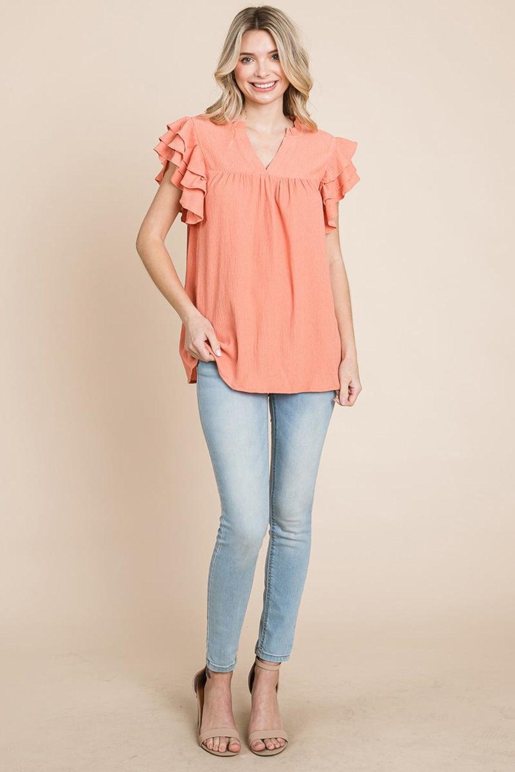 V Neck Ruffle Sleeve Textured Shirts Blouses Product Image