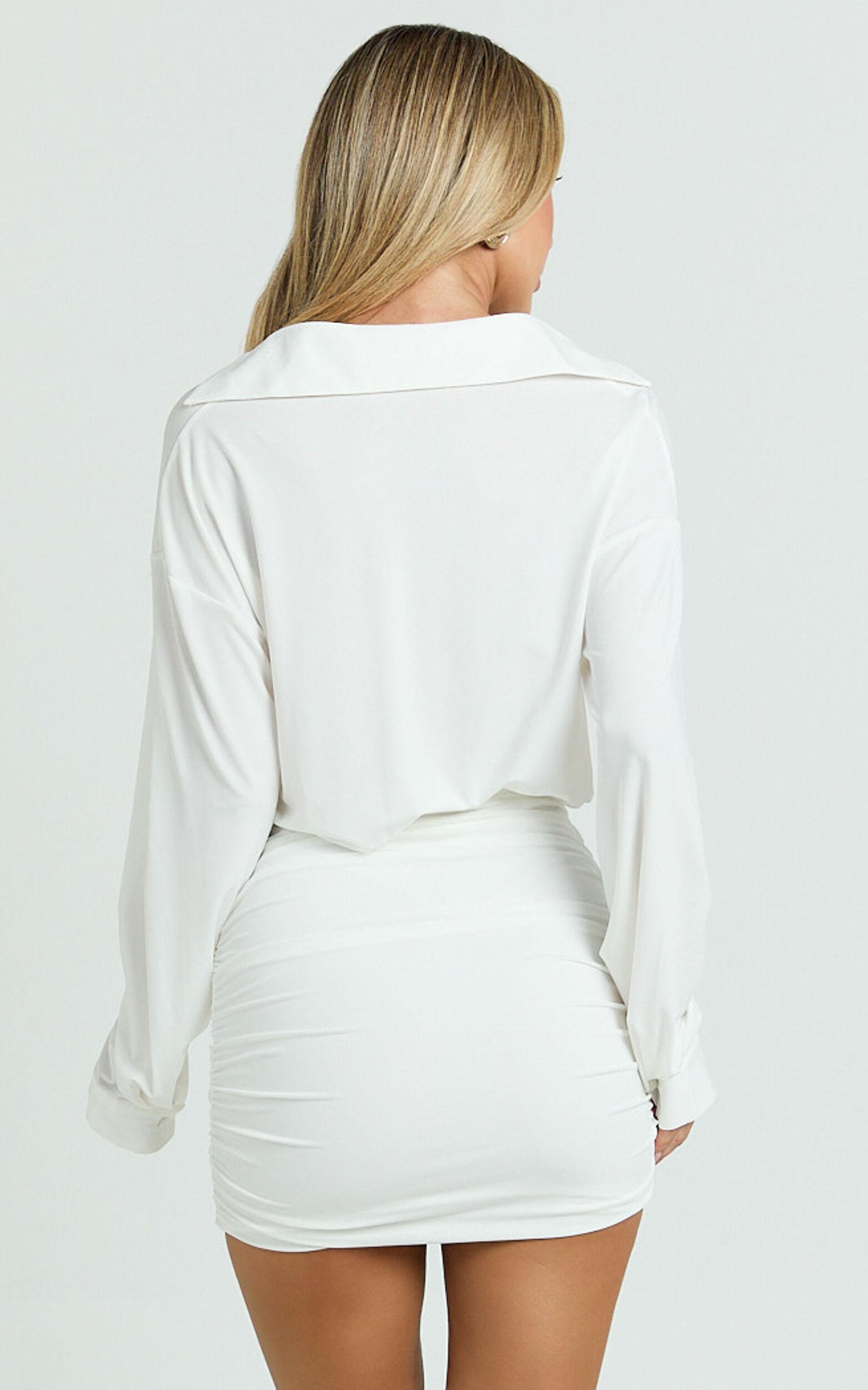 Pearce Mini Dress - Ruched Jersey Shirt Dress in White Product Image