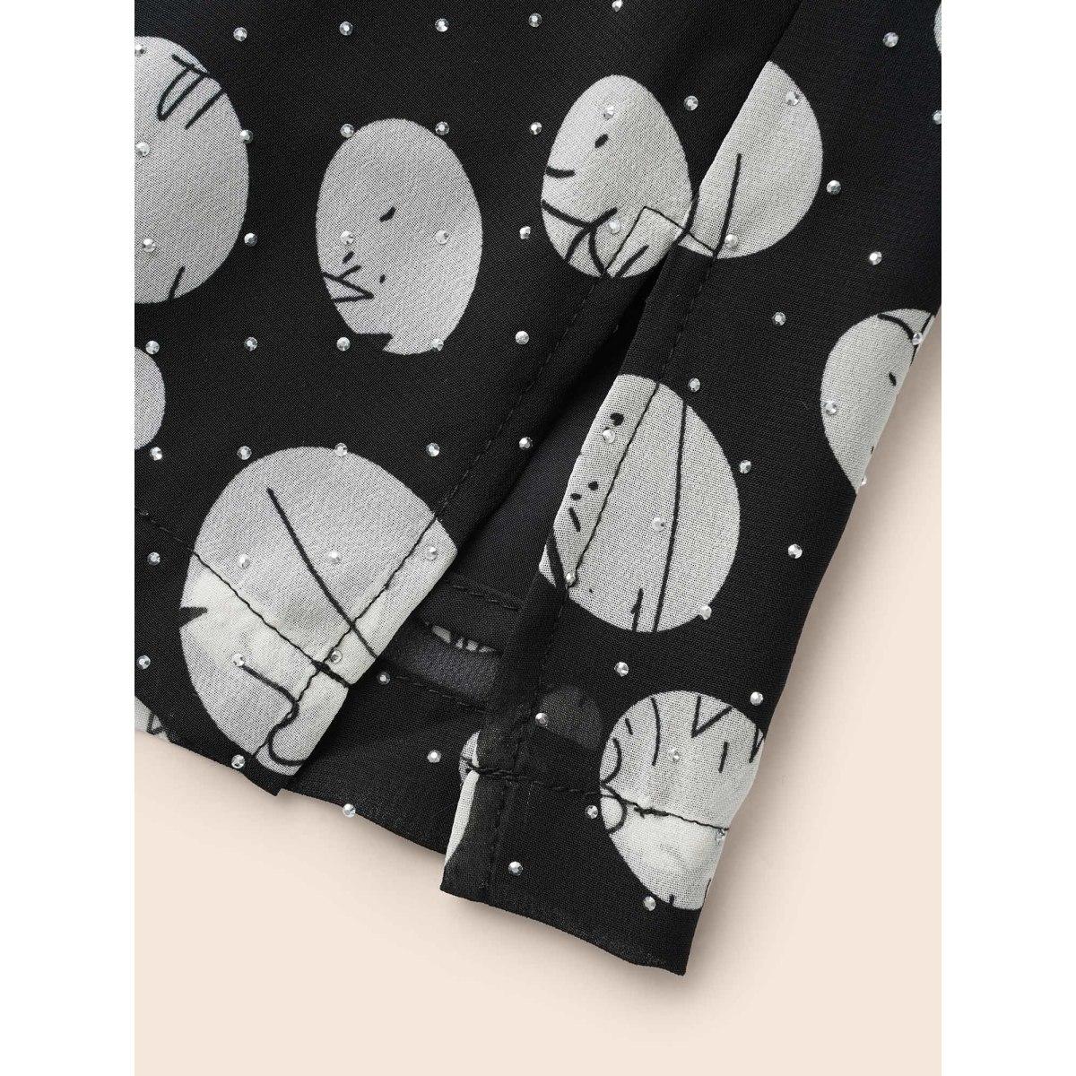 Plus Size Black Polka Dot Rhinestone Lantern Sleeve Blouse Women Casual Long Sleeve V-neck Everyday Blouses BloomChic 12/L Product Image