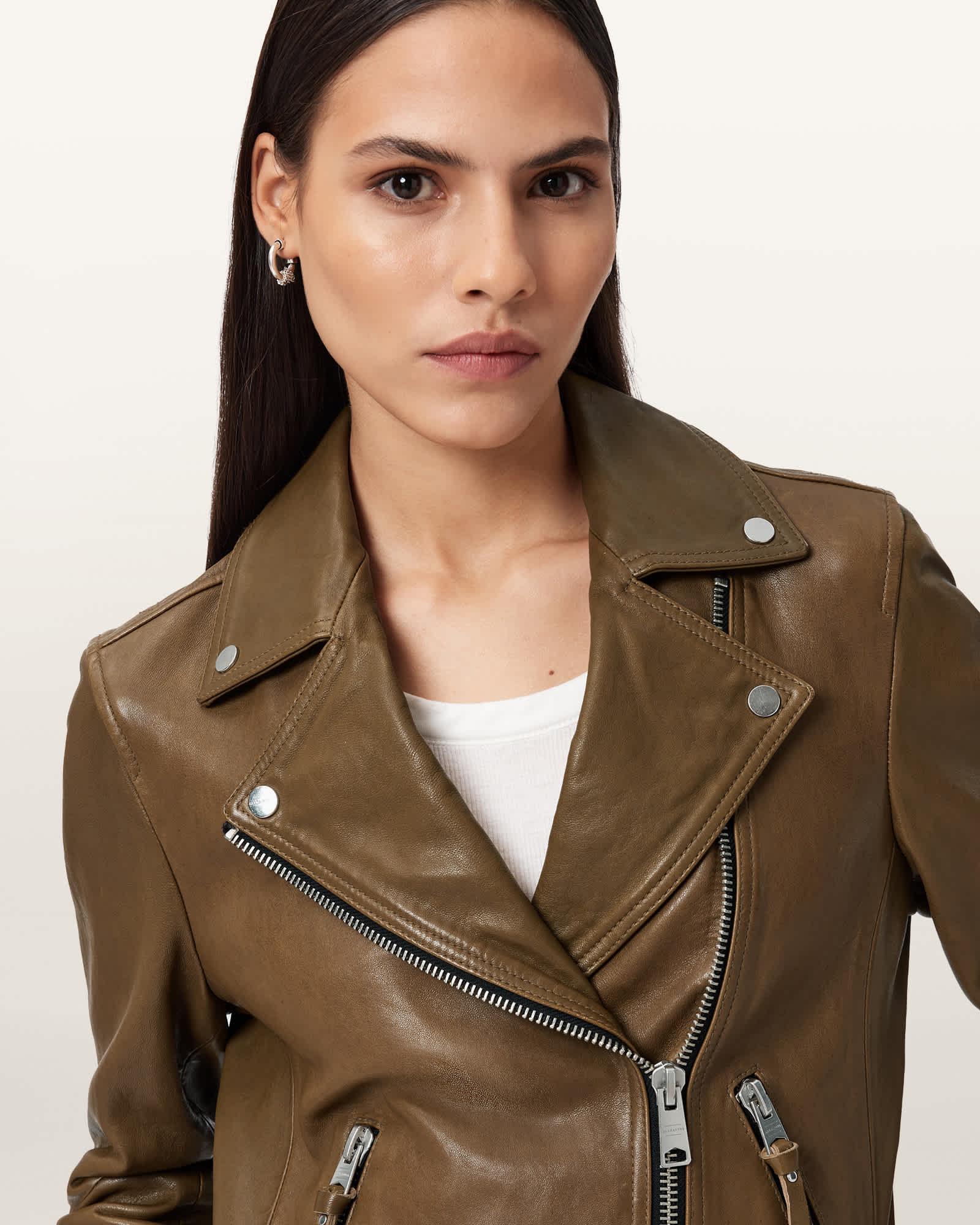Dalby Slim Fit Leather Biker Jacket FANGO GREEN | ALLSAINTS US Product Image