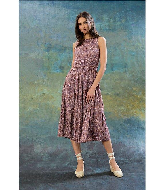 The Good Journey Crew Neck Sleeveless Tiered Hem Printed Gauze A-Line Midi Dress Product Image