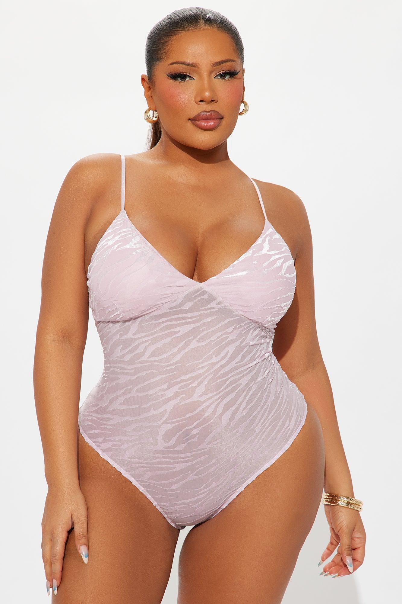 Deep Reveal Flocked Mesh Bodysuit - Pink Female Product Image