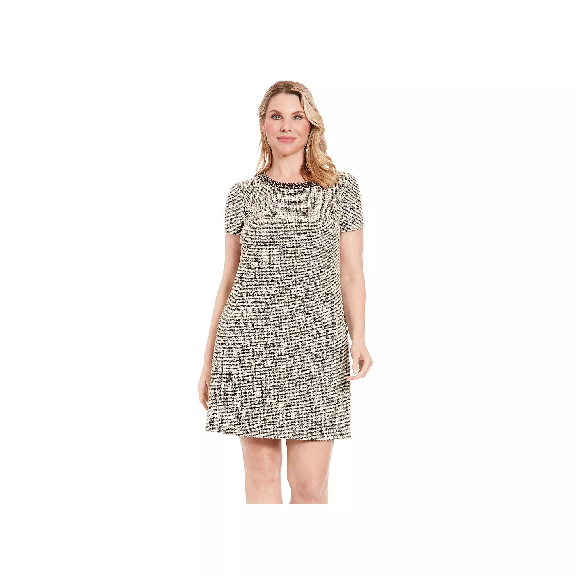 Women's London Times T-shirt Embellished Neckline Tweed Dress,  Product Image
