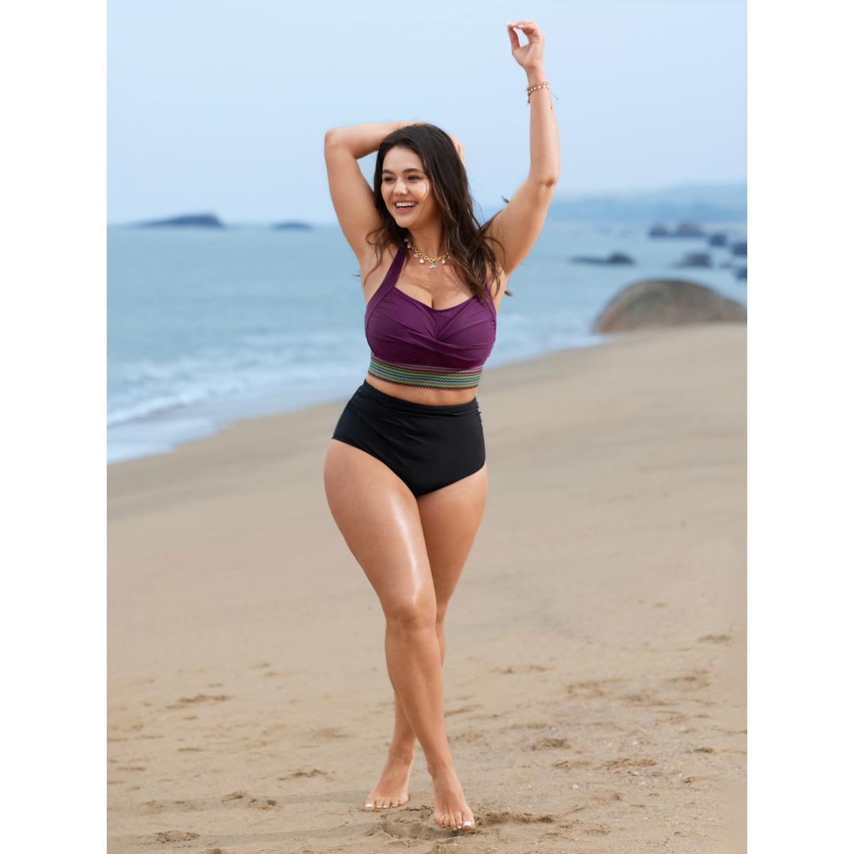 Plus Size Twist Front Patchwork Woven Ribbon Swim Top Women's Swimwear Eggplant Resort Woven ribbon&lace trim High stretch Skinny Heart neckline Curve Swim Tops BloomChic 10/M Product Image