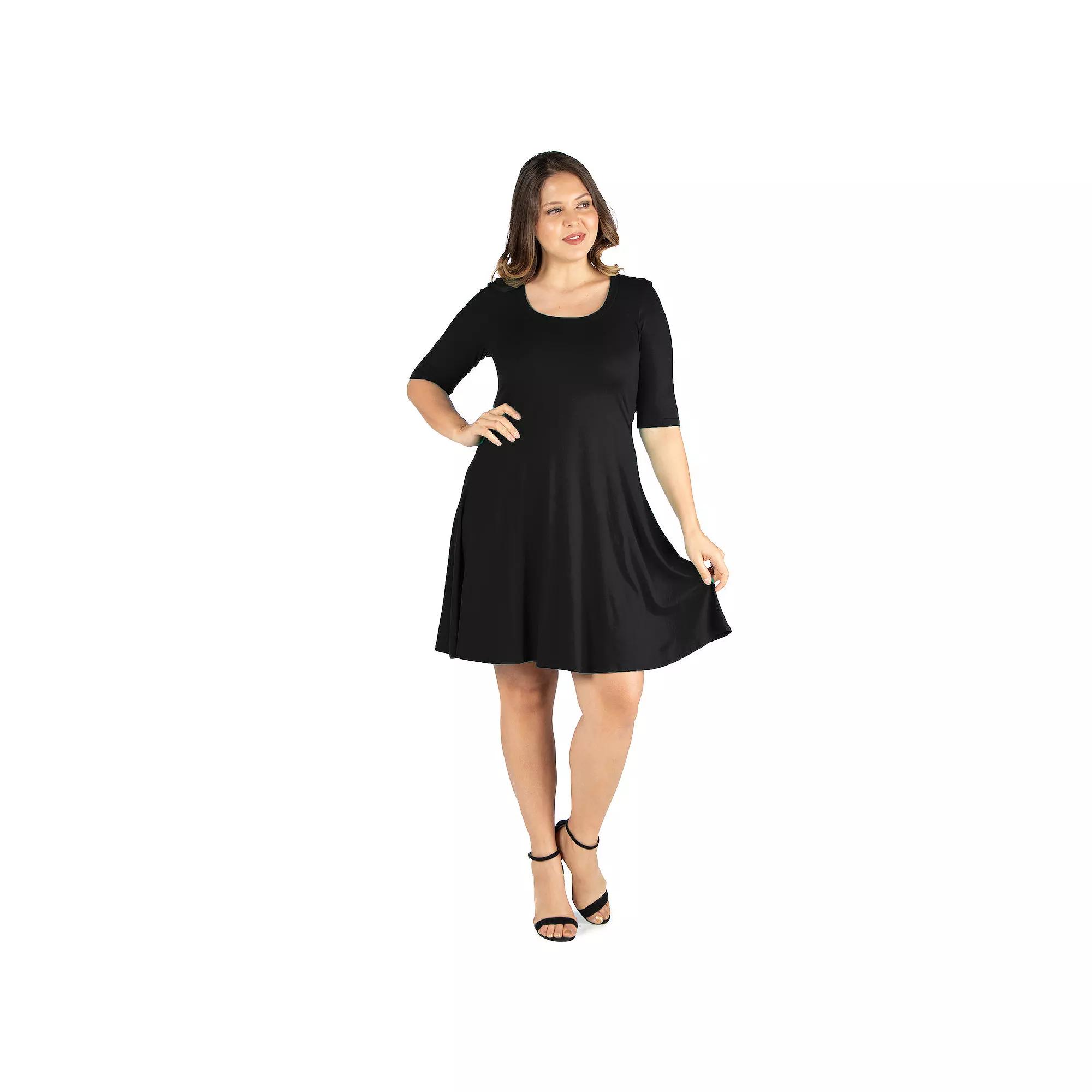 Plus Size 24seven Comfort Apparel Elbow Sleeve Knee Length Dress, Women's, Size: 1XL, Black Product Image
