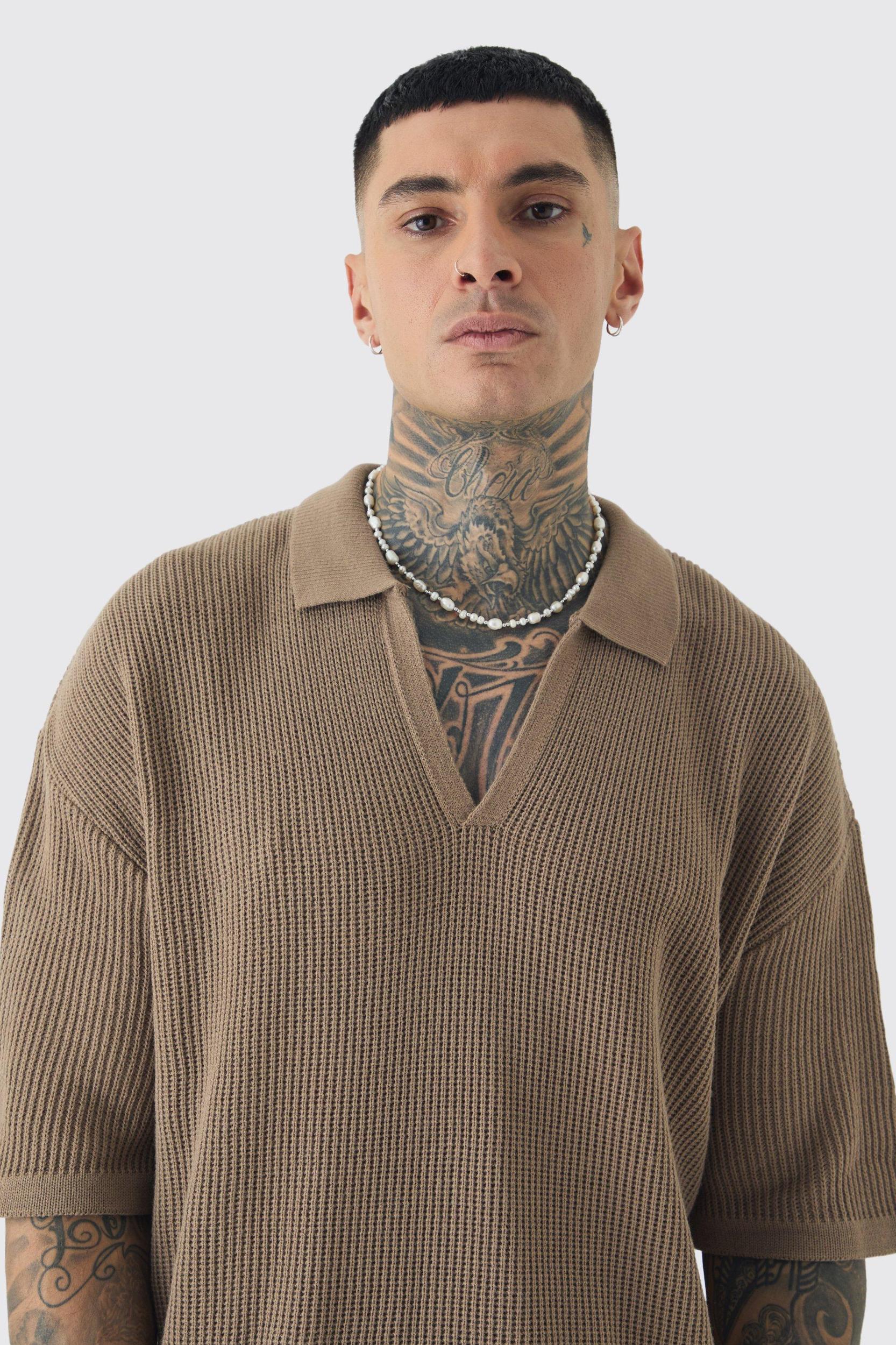 Tall Boxy Short Sleeve Ribbed Knit Polo | boohooMAN USA Product Image