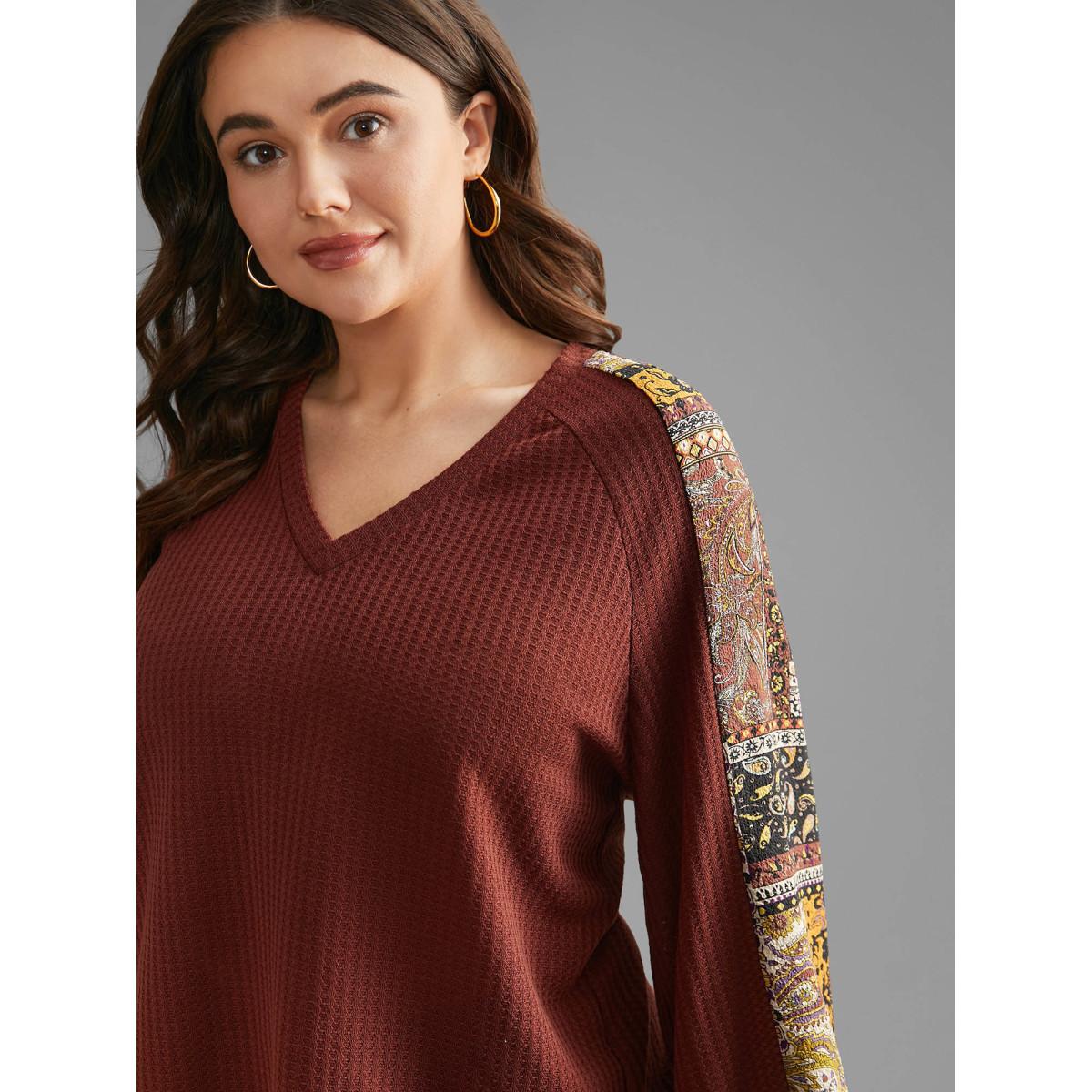 Plus Size Bandana Patchwork Waffle Knit T-shirt Maroon Women Casual Texture V-neck Loose Everyday T-shirts BloomChic 12/L Product Image