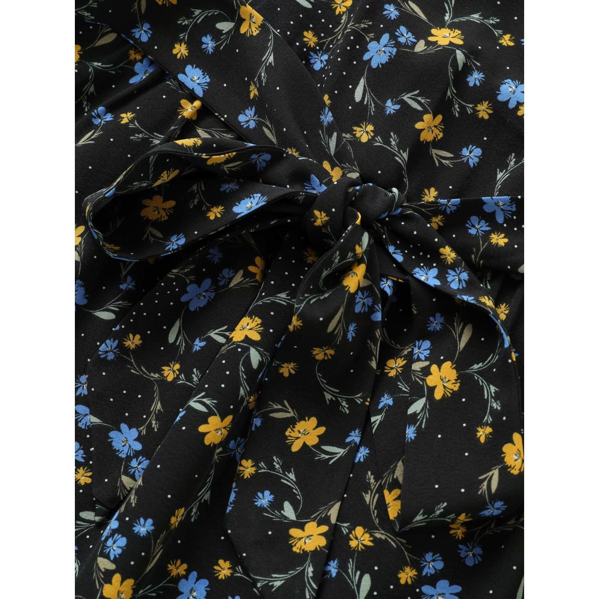 Plus Size Ditsy Floral Ruffle Half Sleeve Belted Dress Black Women Elegant Non Overlap Collar Half Sleeve Curvy Midi Dress BloomChic 12/L Product Image