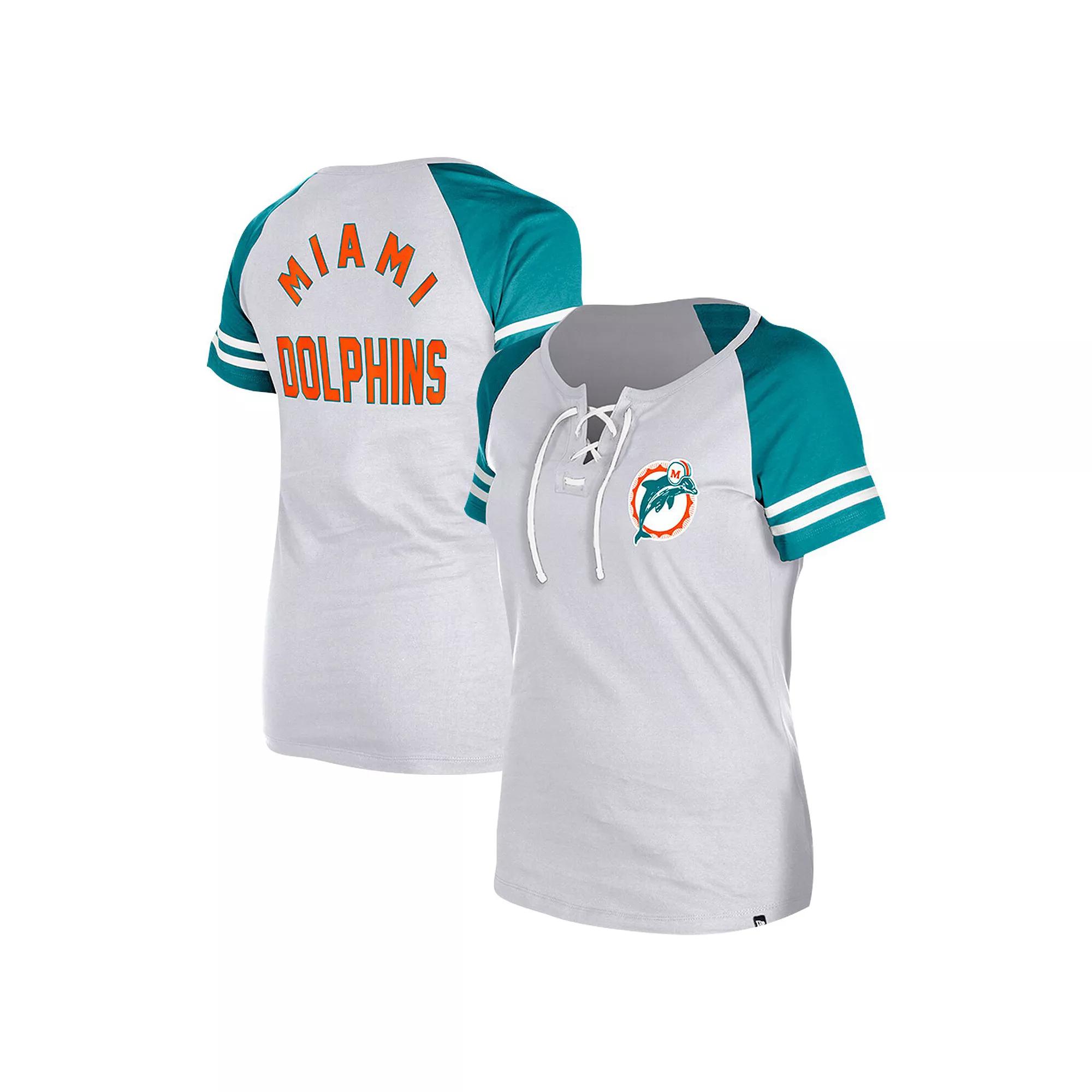 Women's New Era Gray Miami Dolphins Throwback Lace-Up Raglan T-Shirt, Size: XL, Grey Product Image