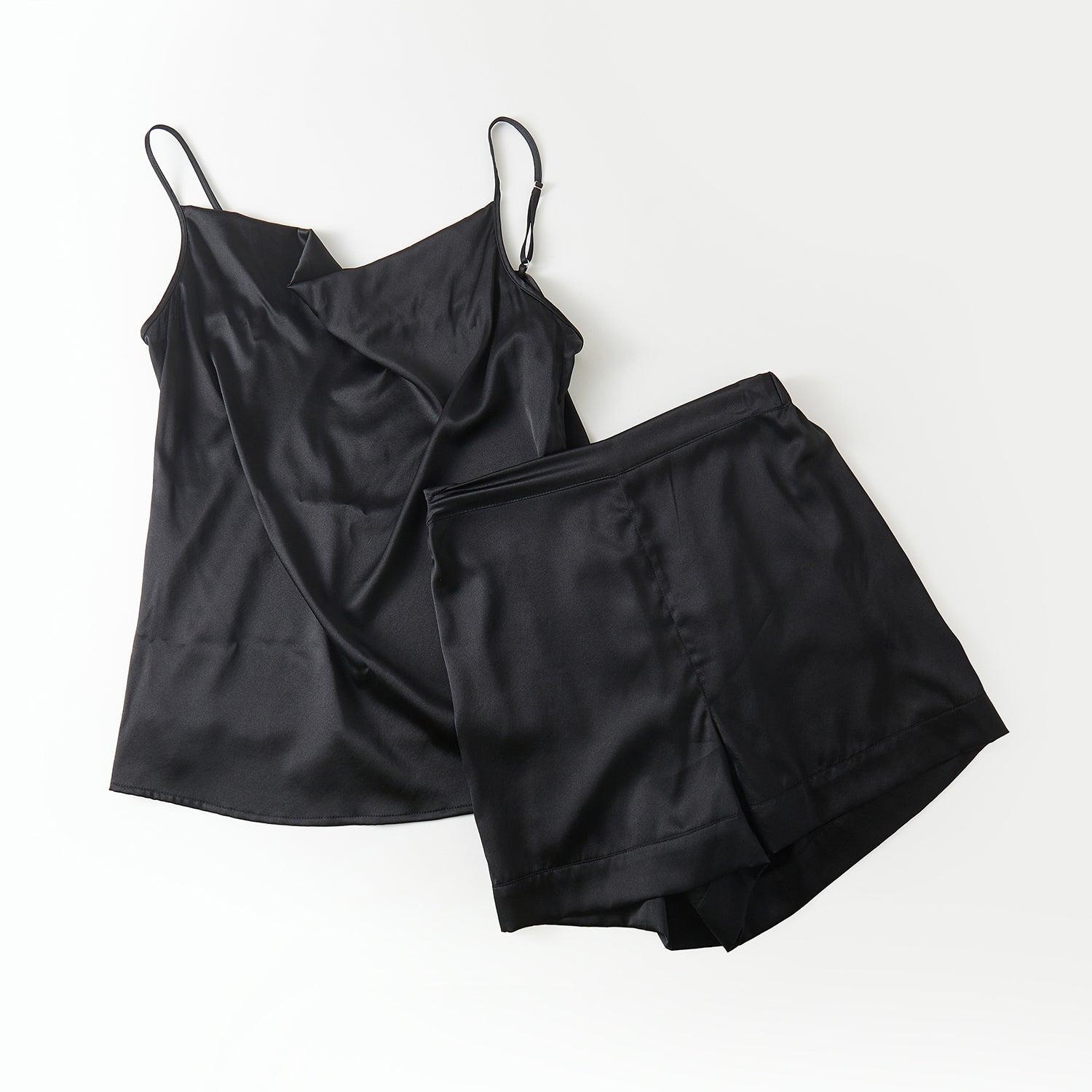 Black Pure Mulberry Silk Cowl Neck Camisole | High Waist Shorts | Lingerie Set | Spaghetti Strap Top | Bridesmaids Gift | Soar Collection Product Image
