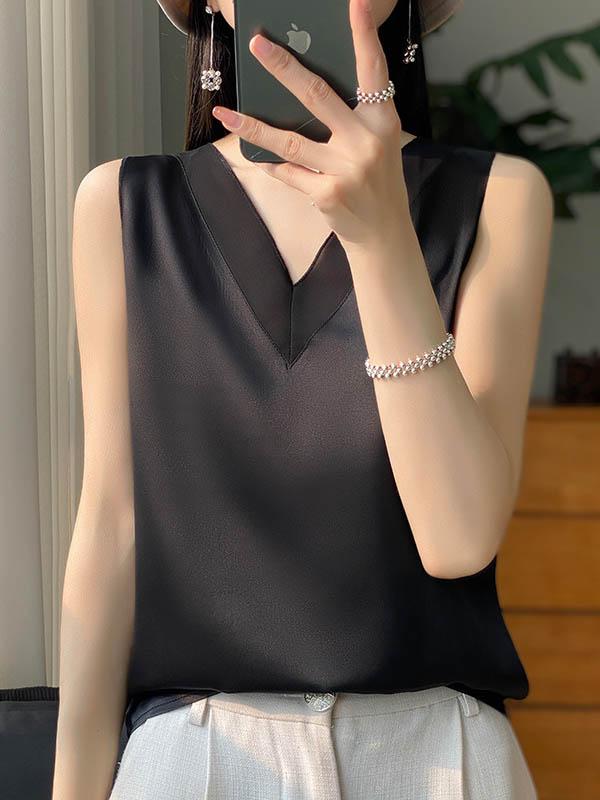 Loose Sleeveless Solid Color V-Neck Vest Top Product Image