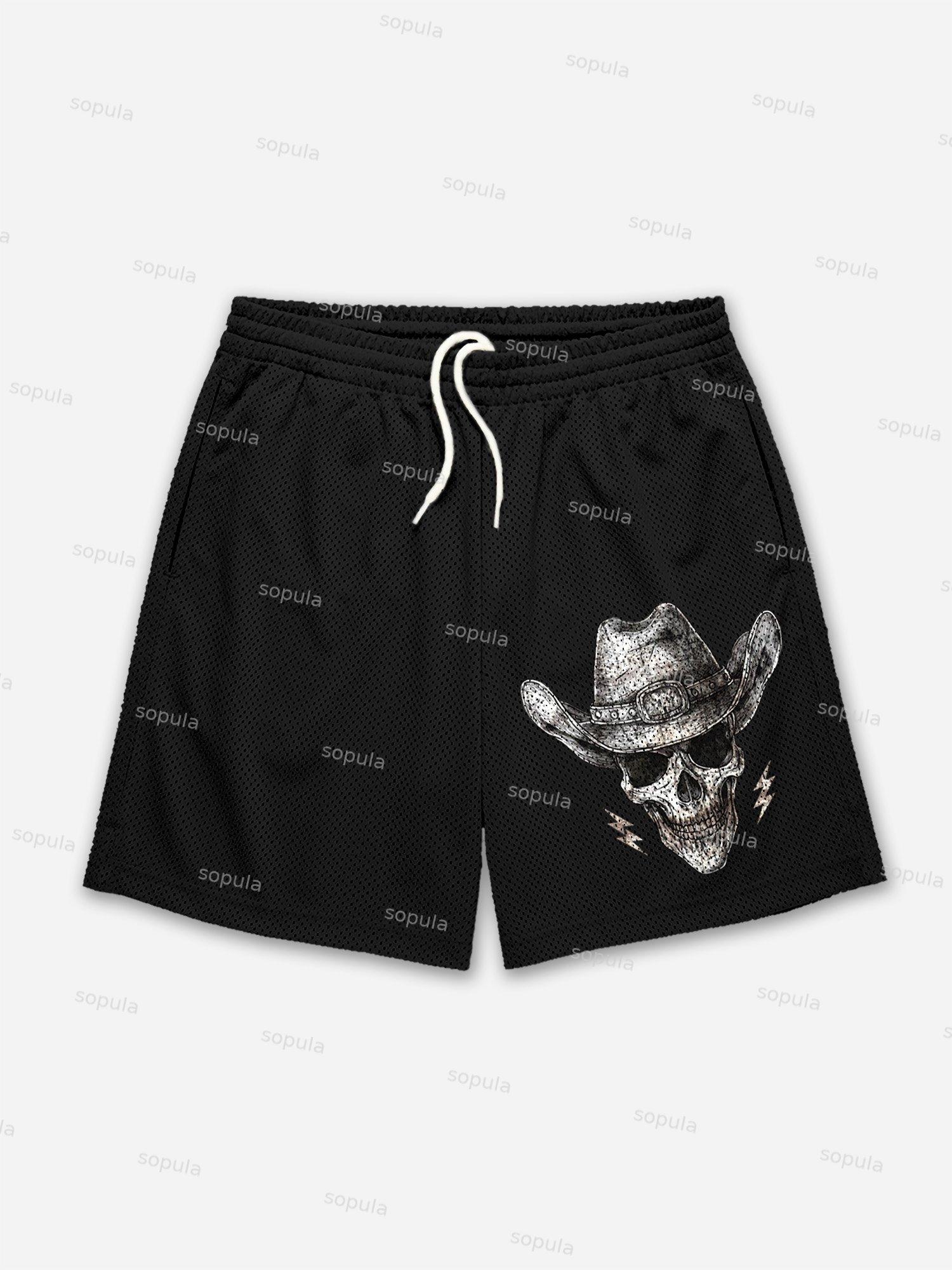 Vintage Skull Cowboy Graphic Mesh Shorts Product Image