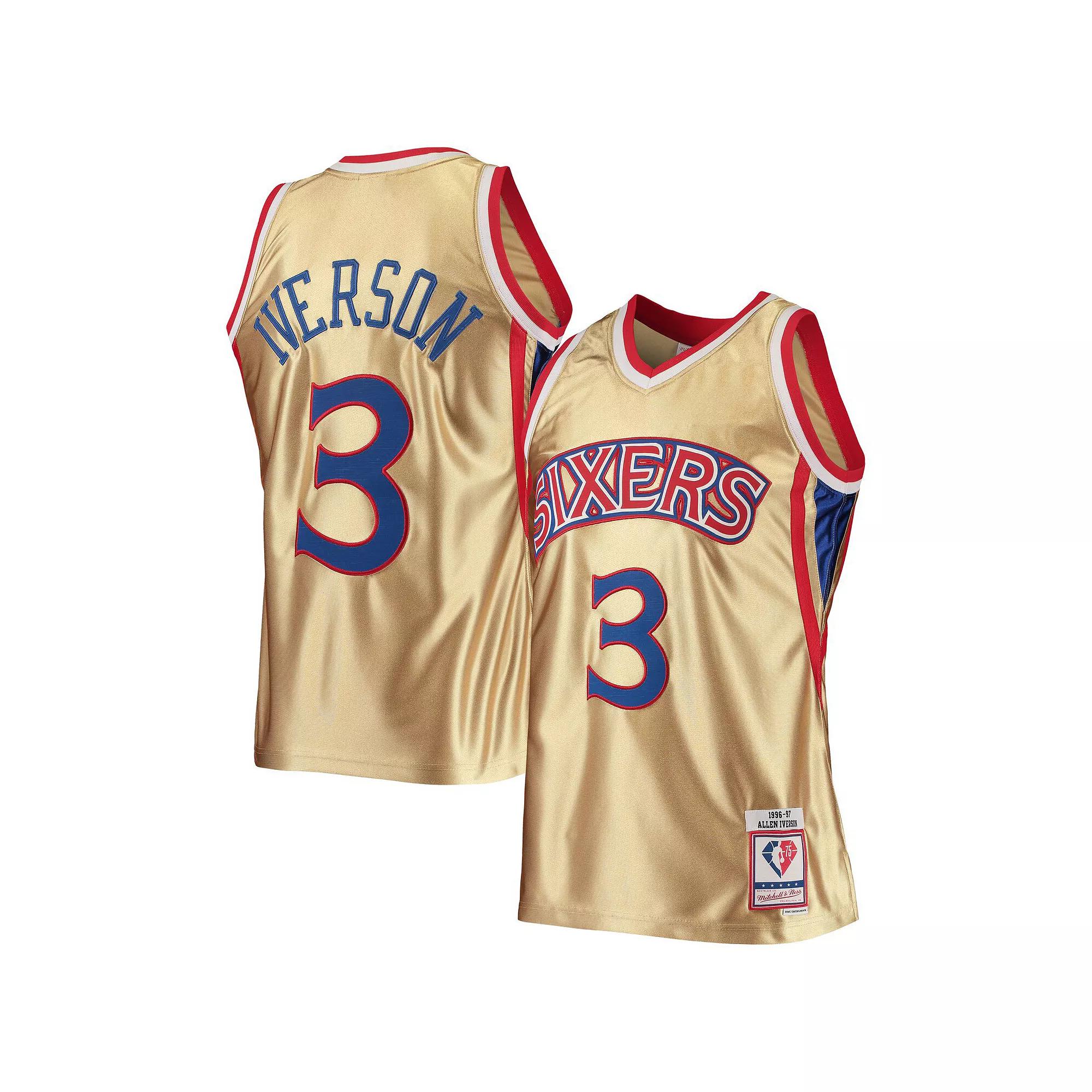 Men's Mitchell & Ness Allen Iverson Gold Philadelphia 76ers 75th Anniversary 1996/97 Hardwood Classics Swingman Jersey, Size: XL, 76r Gold Product Image