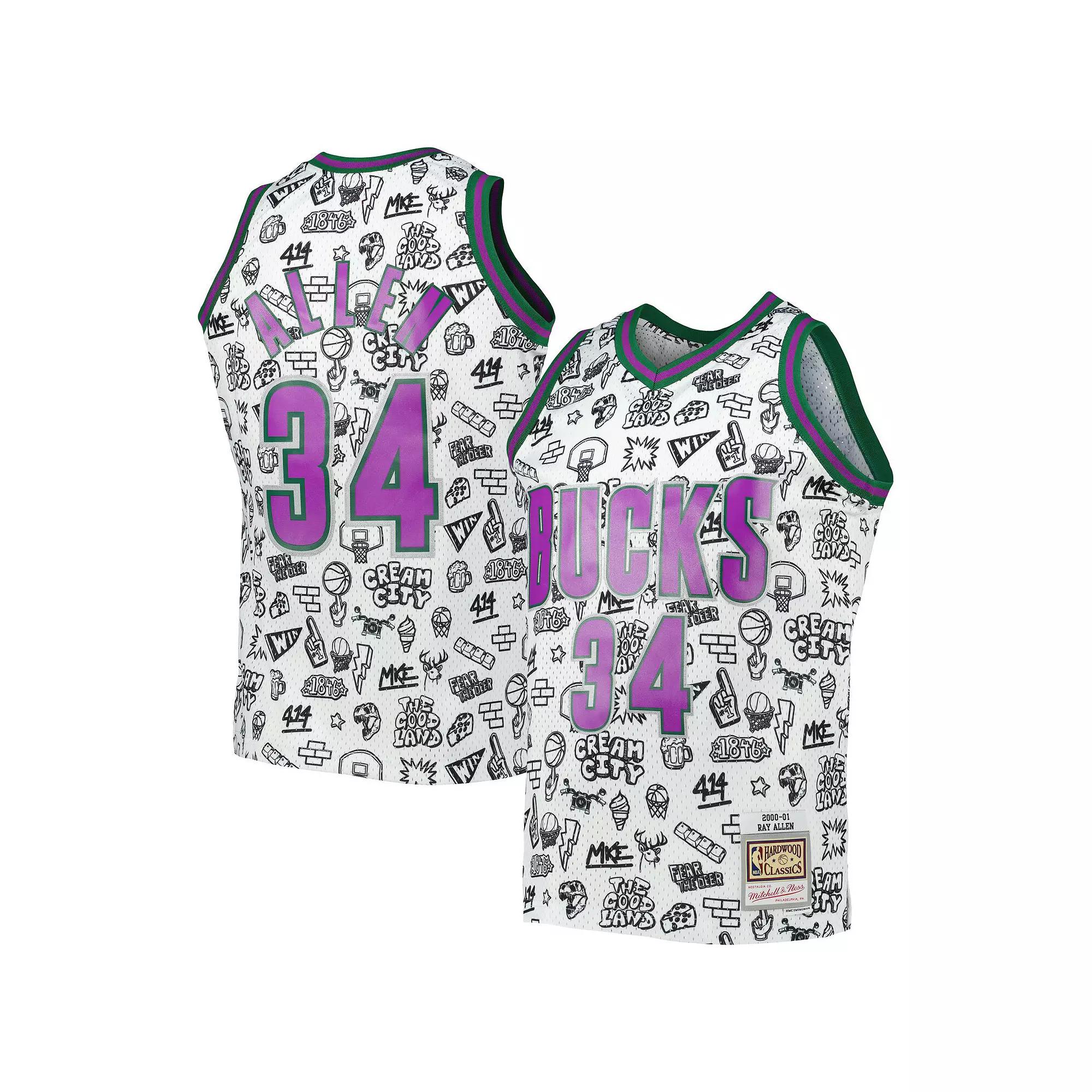 Men's Mitchell & Ness Ray Allen White Milwaukee Bucks 2000-01 Hardwood Classics Doodle Swingman Jersey, Size: Large Product Image