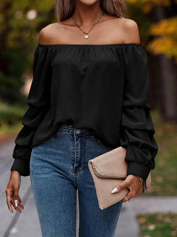 Long Sleeves Loose Elasticity Pleated Solid Color Off-The-Shoulder Blouses&Shirts Tops Product Image