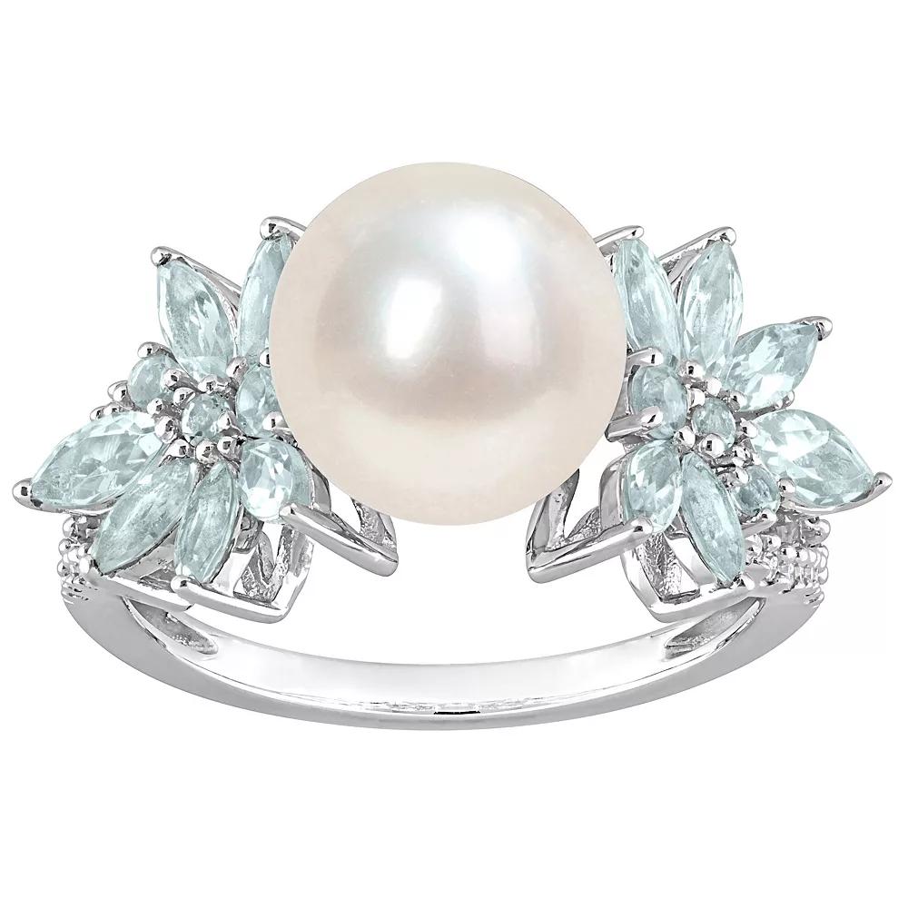 Stella Grace 14k White Gold Freshwater Cultured Pearl, Aquamarine & 1/8 Carat T.W Diamond Flower Ring, Women's Product Image