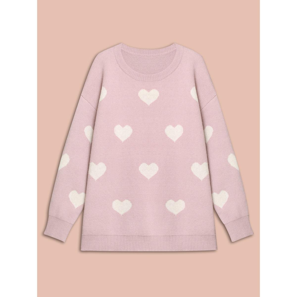 Plus Size Heart Jacquard Contrast Ribbed Hem Pullover Lightpink Women Casual Loose Long Sleeve Round Neck Everyday Pullovers BloomChic 10/M Product Image