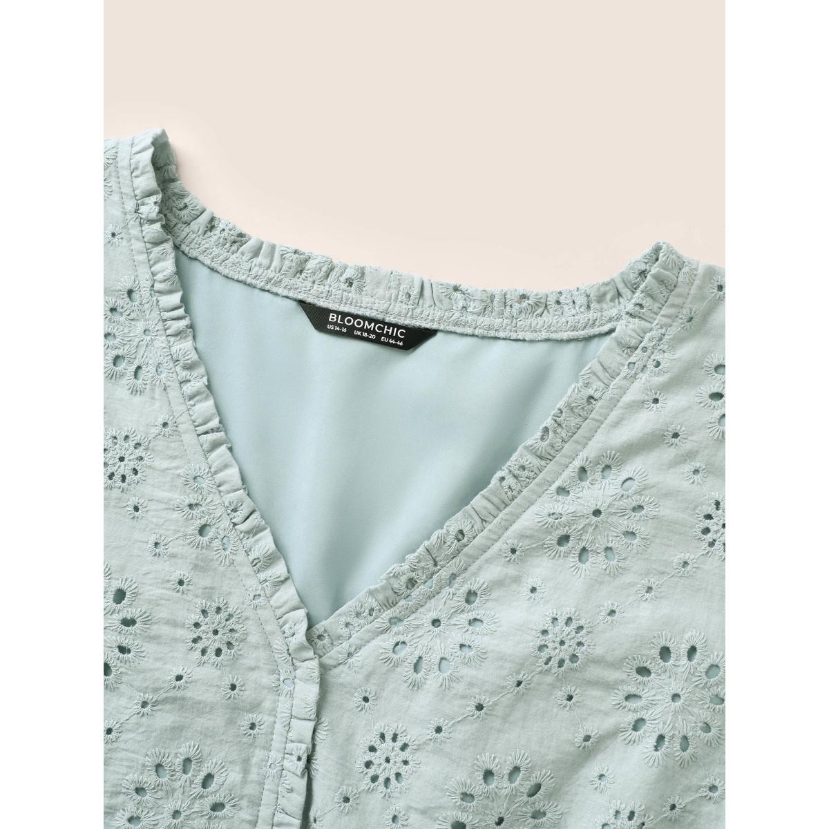 Plus Size Arctic Plain Broderie Anglaise Flutter Sleeve Blouse Women Elegant Short sleeve V-neck Everyday Blouses BloomChic 10/M Product Image