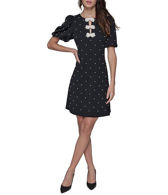 KARL LAGERFELD PARIS Dotted Scuba Crepe Round Neck Short Puff Sleeve Pearl Bow Sheath Dress Product Image