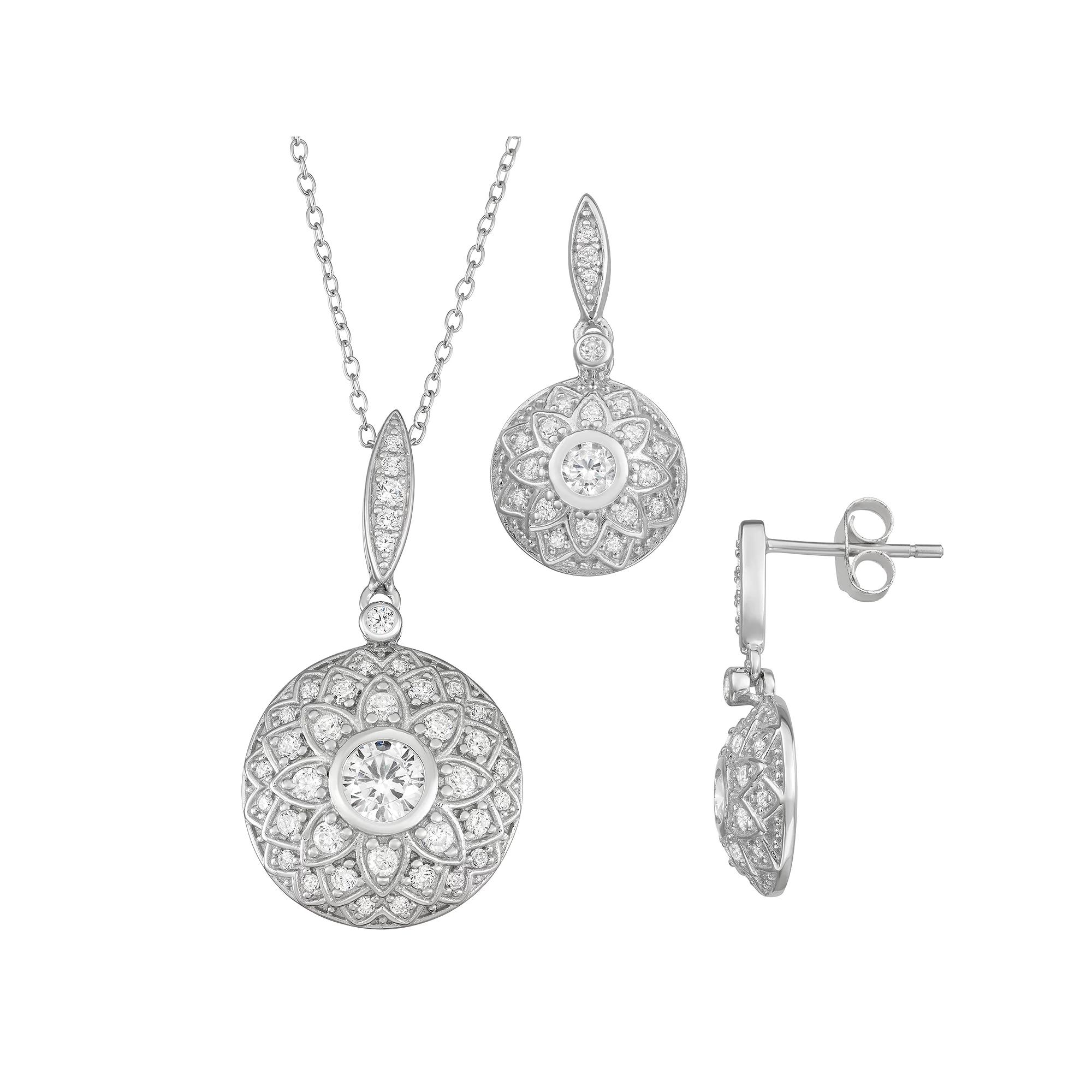 Sterling Silver Cubic Zirconia Drop Earring and Pendant Set, Women's, Size: 18", Silvertone Product Image