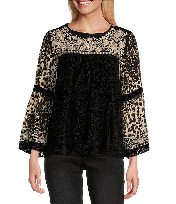 John Mark Woven Velvet Embroidered Round Neck 3/4 Sleeve Top Product Image