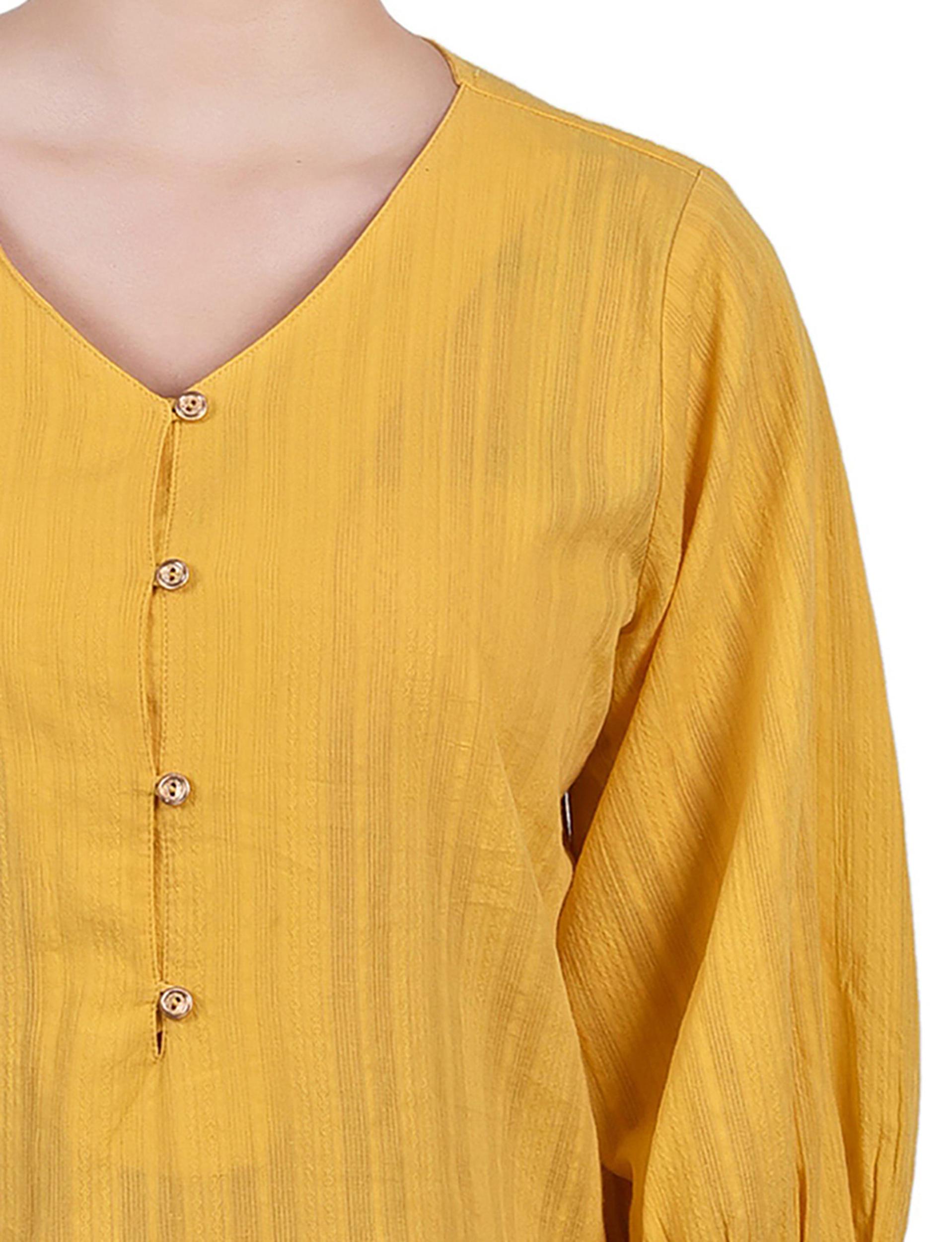 Yellow 3/4 Sleeve Button Placket Jacquard Blouse - Petite Product Image