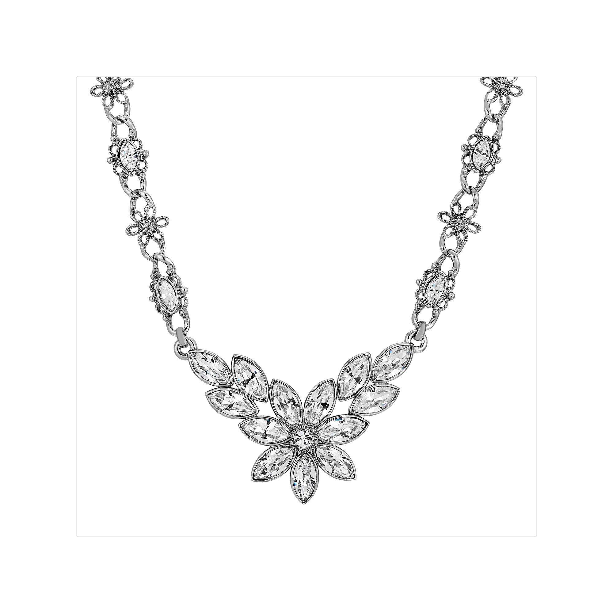 1928 Silver Tone Crystal Flower Statement Necklace, Womens, Clear Product Image