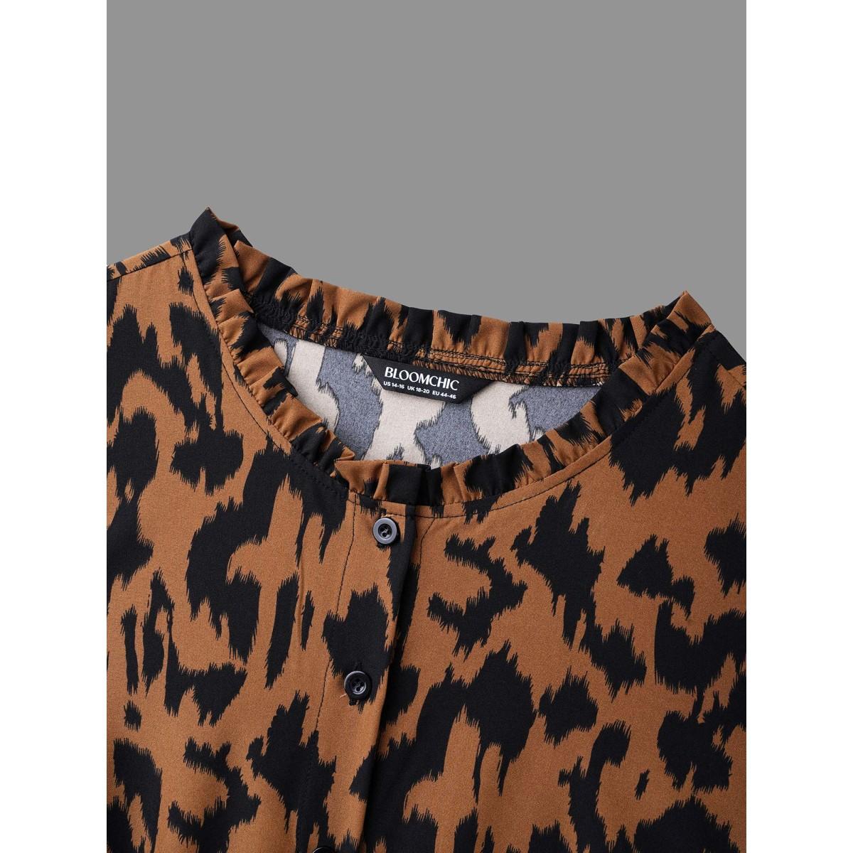 Plus Size Leopard Print Stretchy Waist Belted Dress Yellowishbrown Women Elegant Belted Stand-up collar Long Sleeve Curvy BloomChic 12/L Product Image