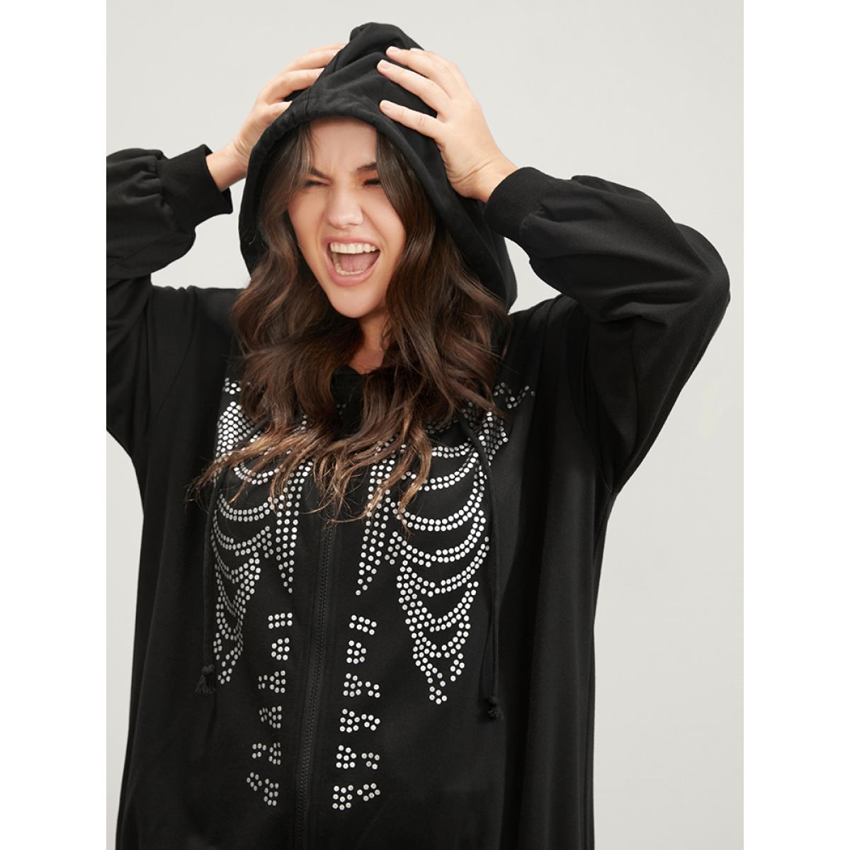 Plus Size Halloween Skeleton Print Zip Up Drawstring Hooded Sweatshirt Women Black Casual Printed Hooded Dailywear Sweatshirts BloomChic 10/M Product Image