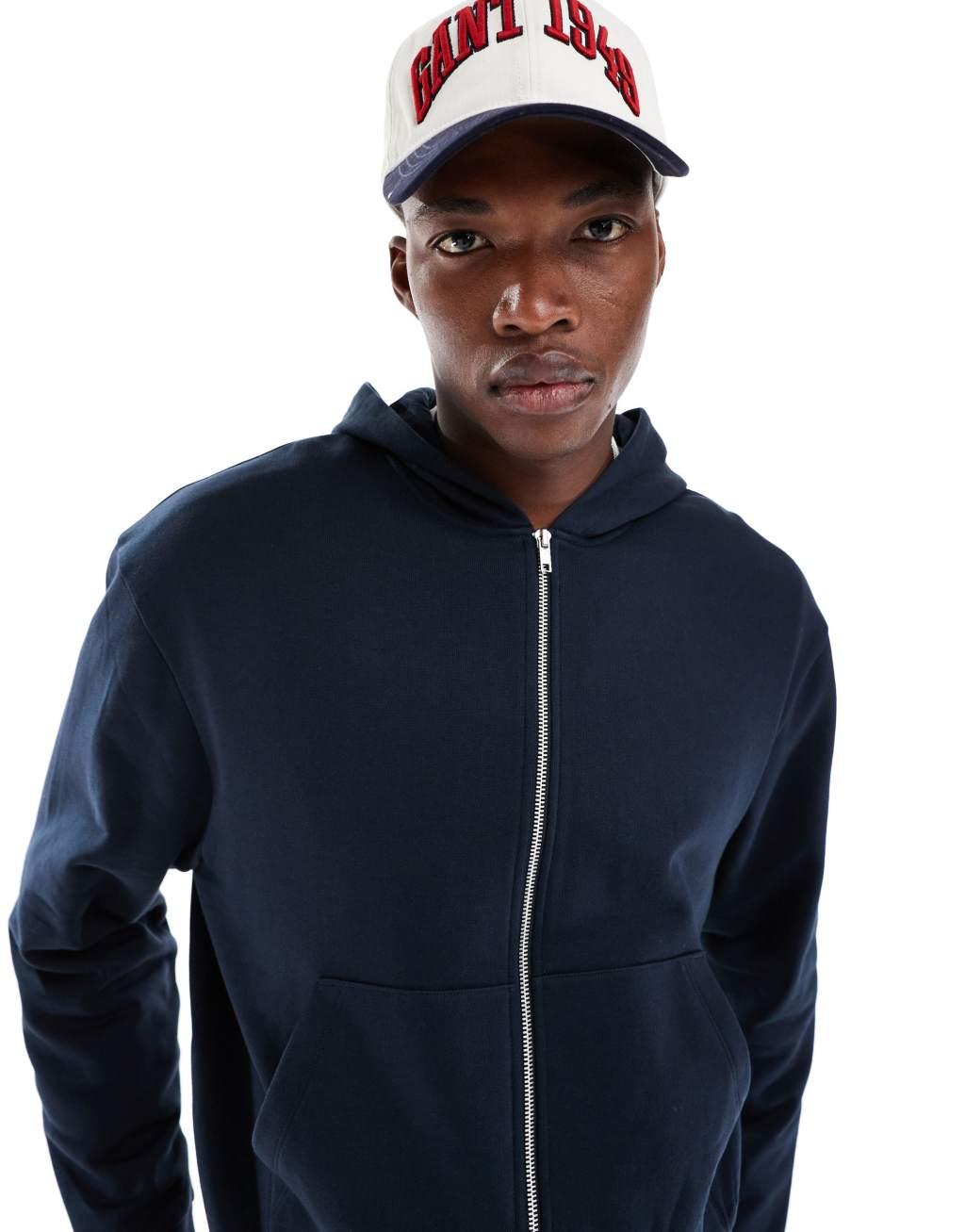 ASOS DESIGN essential boxy oversized zip up hoodie in navy Product Image