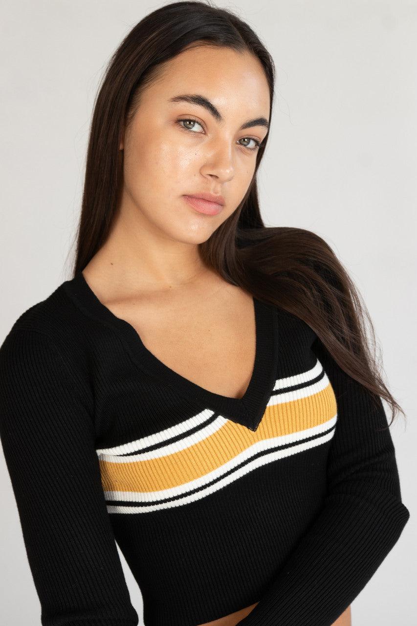Ribbed V Neck Stripe Sweater Product Image