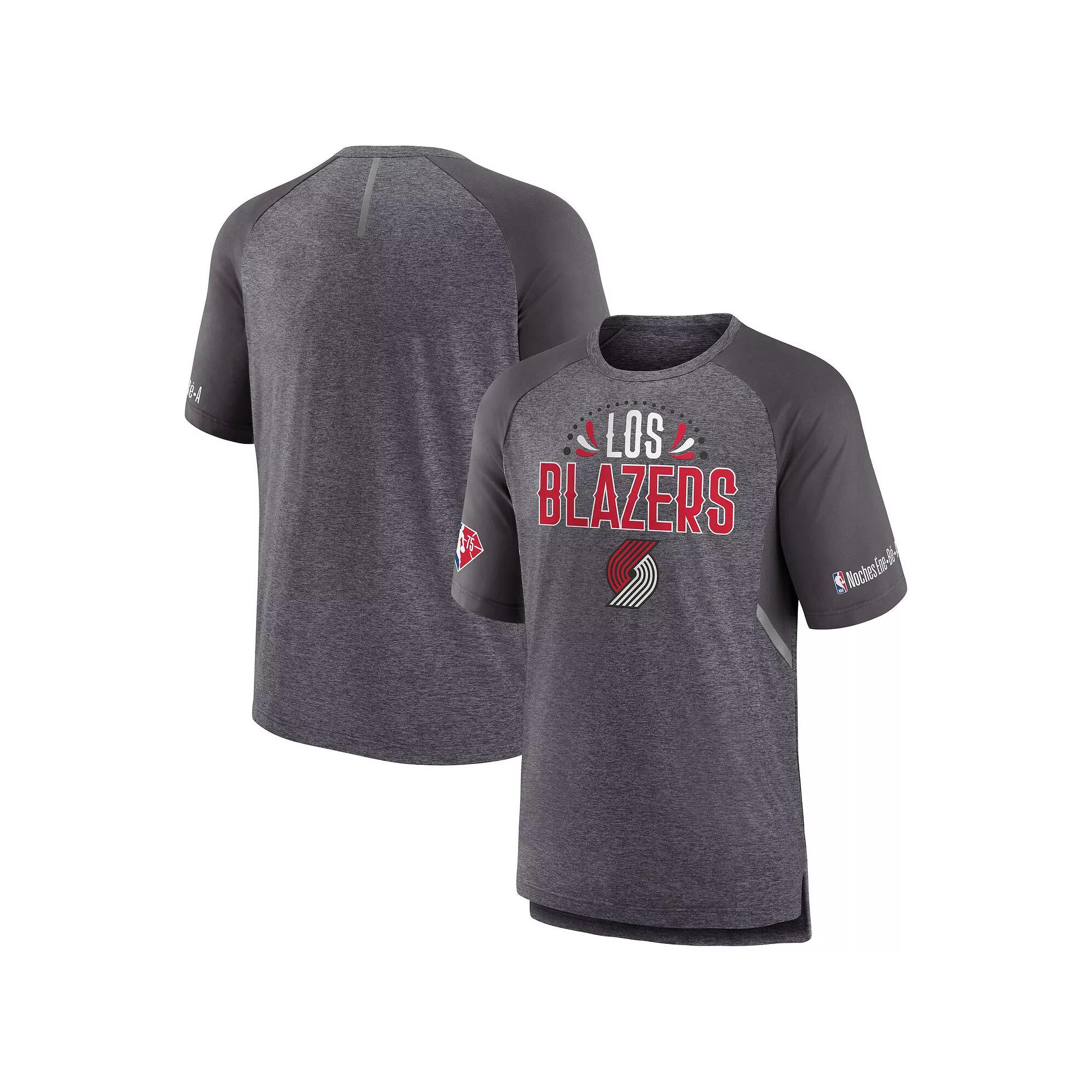 Men's Fanatics Branded Heathered Gray Portland Trail Blazers 2022 Noches Ene-Be-A Core Shooting Raglan T-Shirt,  Product Image