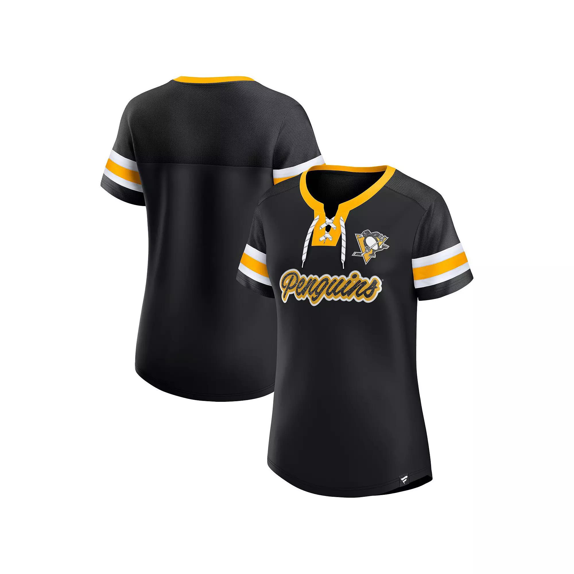 Women's Fanatics Black Pittsburgh Penguins Iconic Athena Lace-Up T-Shirt,  Product Image