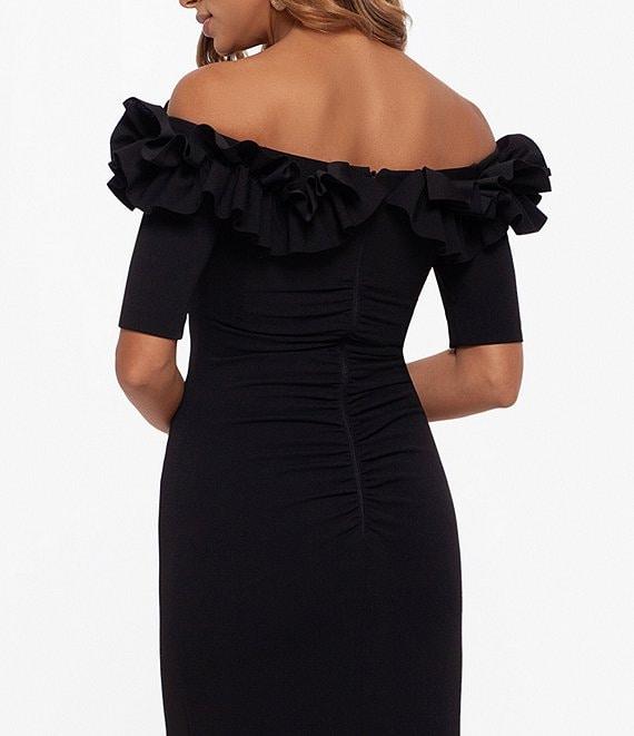 Xscape Petite Size Ruffled Off-the-Shoulder Short Sleeve Crepe Sheath Gown Product Image