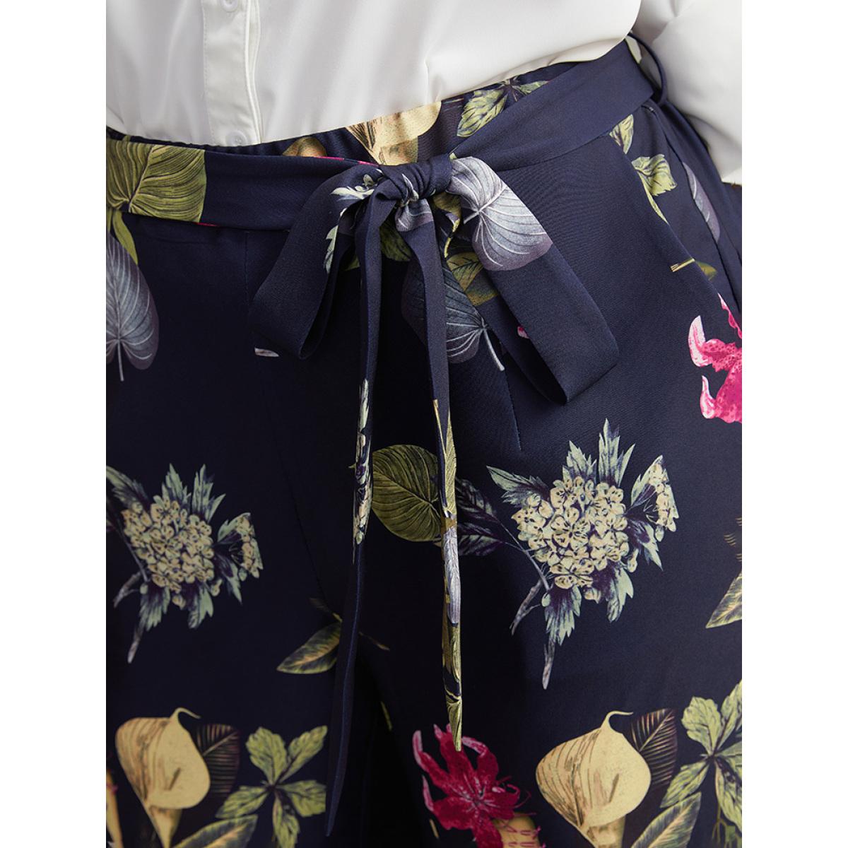 Plus Size Floral Print Belted Straight Leg Pants Women Indigo Elegant Wide Leg High Rise Dailywear Pants BloomChic 12/L Product Image