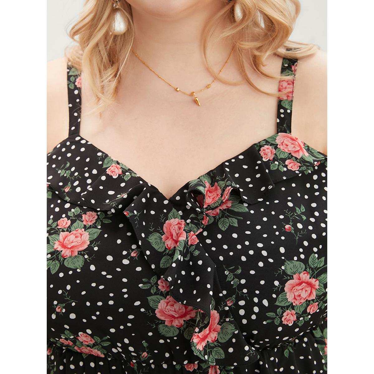 Plus Size Floral & Polka Dot Ruffle Trim Pocket Cold Shoulder Split Dress BlackFlower Women Elegant Adjustable Straps Cold Shoulder Short sleeve Curvy Long Dress BloomChic 28/5X Product Image