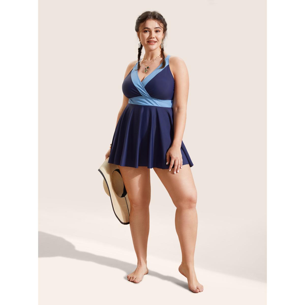 Plus Size Two Tone Gathered Overlap Collar Swim Dress Women's Swimwear Indigo Beach Bodycon Overlap Collar High stretch Curve Swim Dresses BloomChic 10/M Product Image