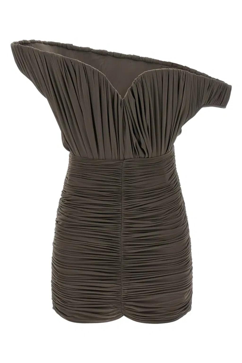 MAGDA BUTRYM Asymmetric One-shoulder Corset Dress With Ruffles In Brown Product Image
